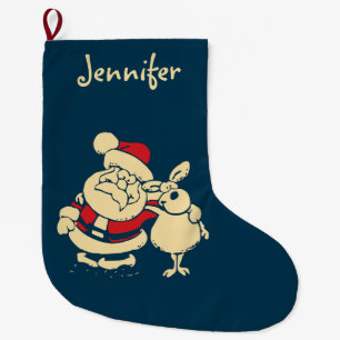 Retro Christmas Santa and his Reindeer Buddy Large Christmas Stocking