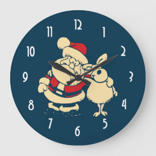 Retro Christmas Santa and his Reindeer Buddy Large Clock