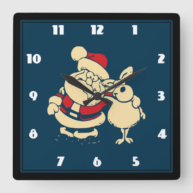 Retro Christmas Santa and his Reindeer Buddy Square Wall Clock (Front)