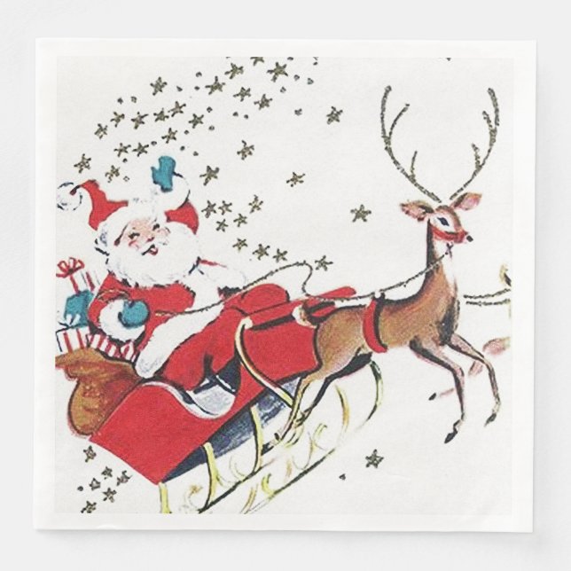 Retro Christmas Santa and sleigh party  Napkin (Front)