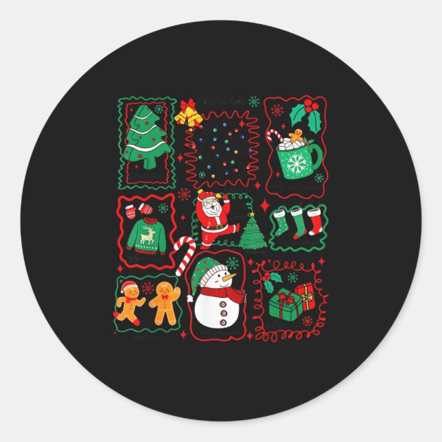 Retro Christmas Santa Claus Cocoa Xmas Tree Snowma Classic Round Sticker (Front)