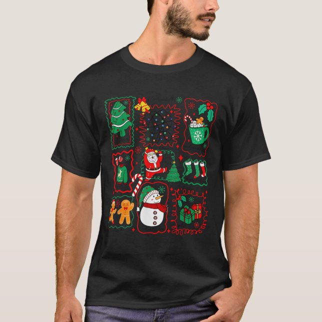Retro Christmas Santa Claus Cocoa Xmas Tree Snowma T-Shirt (Front)