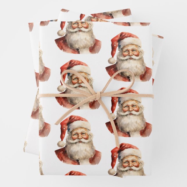 Retro Christmas Santa Claus Pattern Wrapping Paper Sheet (In situ)