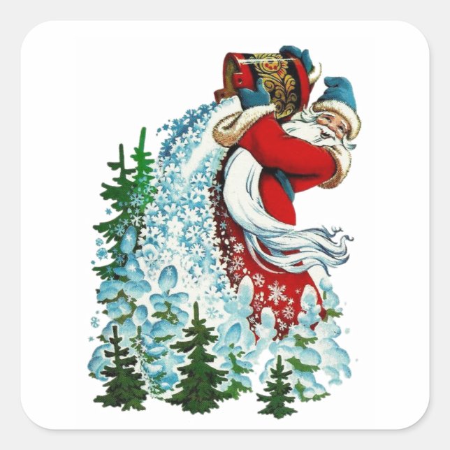 Retro Christmas Santa Making Snow With Bucket Square Sticker (Front)