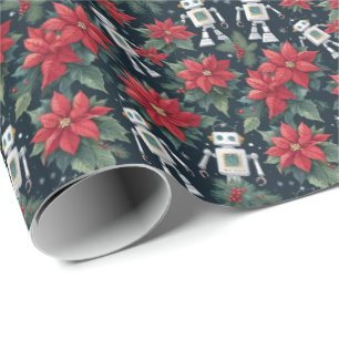 Retro Christmas Sci-Fi Robots & Poinsettias Wrapping Paper