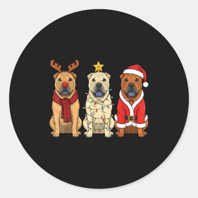 Retro Christmas Shar Pei Santa Reindeer Dog Lover  Classic Round Sticker (Front)