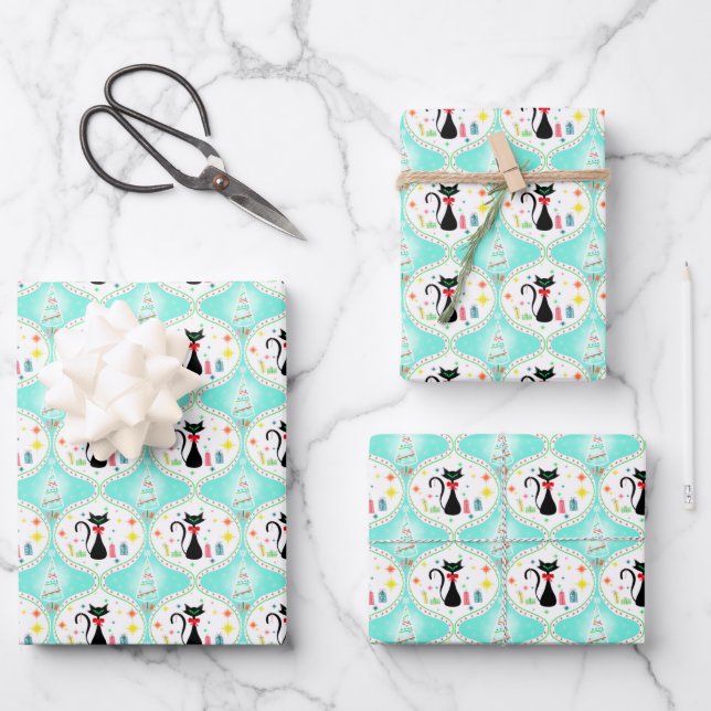 Retro Christmas Siamese Cat Ogee Pattern Wrapping Paper Sheet (Front)