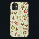 Retro Christmas Sketch Seamless Pattern iPhone 11 Case<br><div class="desc">A fun retro Christmas design in an old-fashioned sketch style in muted shades of red,  green,  and brown; featuring Santa Claus in his sled,  reindeer,  ornamented Christmas trees,  fir trees,  stockings,  candy canes,  ornaments,  snowmen,  and more!</div>
