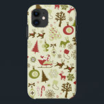 Retro Christmas Sketch Seamless Pattern iPhone 11 Case<br><div class="desc">A fun retro Christmas design in an old-fashioned sketch style in muted shades of red,  green,  and brown; featuring Santa Claus in his sled,  reindeer,  ornamented Christmas trees,  fir trees,  stockings,  candy canes,  ornaments,  snowmen,  and more!</div>