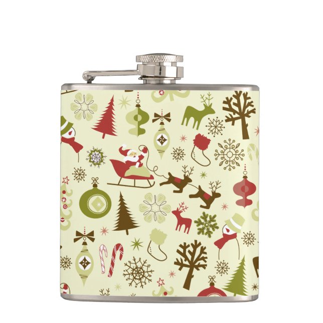 Retro Christmas Sketch Seamless Pattern Hip Flask (Front)
