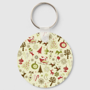 Retro Christmas Sketch Seamless Pattern Key Ring