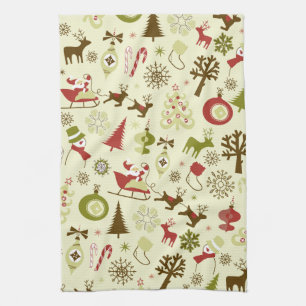 Retro Christmas Sketch Seamless Pattern Tea Towel