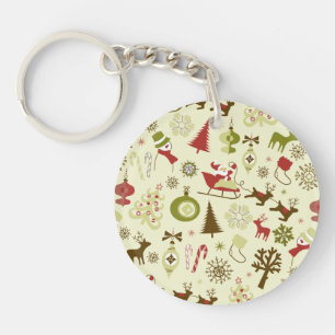 Retro Christmas Sketches Seamless Pattern Key Ring