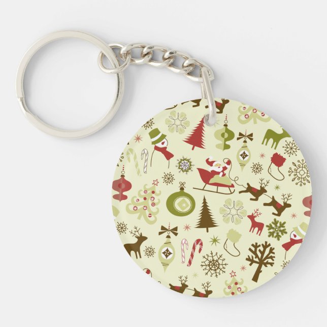 Retro Christmas Sketches Seamless Pattern Key Ring (Front)