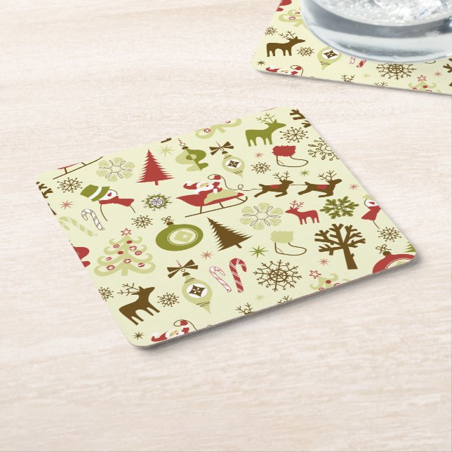 Retro Christmas Sketches Seamless Pattern Square Paper Coaster (Angled)
