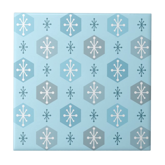 Retro Christmas Snowflakes Baby Blue Tile (Front)