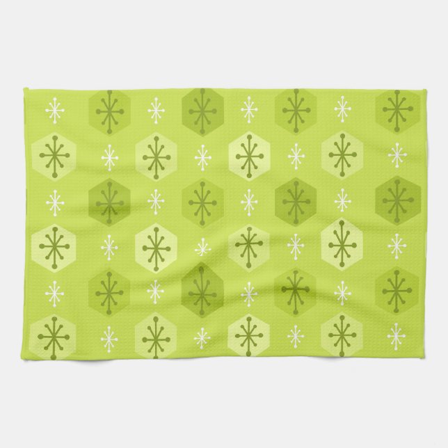 Retro Christmas Snowflakes Chartreuse Tea Towel (Horizontal)
