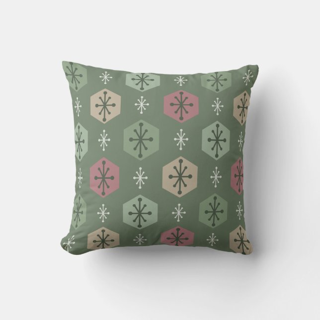 Retro Christmas Snowflakes Green Gold Cushion (Front)