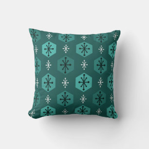 Retro Christmas Snowflakes Teal Cushion