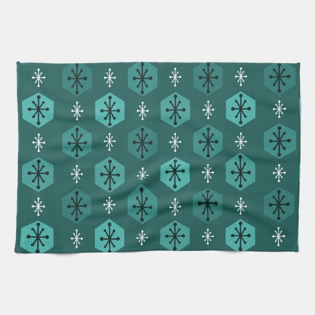 Retro Christmas Snowflakes Teal Tea Towel (Horizontal)