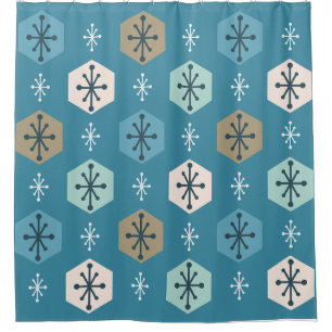 Retro Christmas Snowflakes Turquoise Gold Shower Curtain
