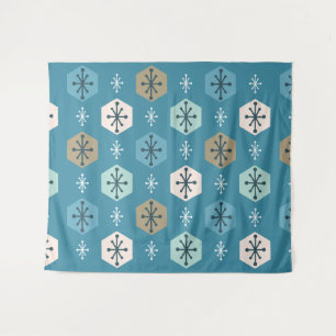 Retro Christmas Snowflakes Turquoise Gold Tapestry