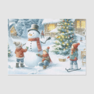 Retro Christmas Snowman and Kids  Tissue Paper
