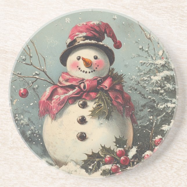 Retro Christmas Snowman Coaster (Front)
