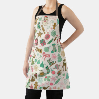 Retro Christmas Snowman Reindeer Doodles Apron