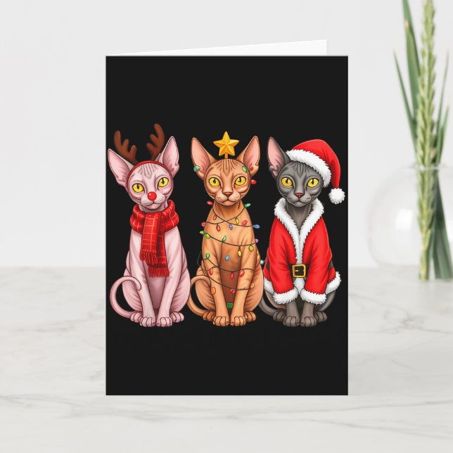 Retro Christmas Sphynx Cat Santa Reindeer  Card (Front)