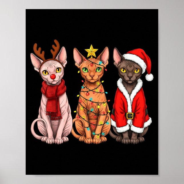 Retro Christmas Sphynx Cat Santa Reindeer  Poster (Front)