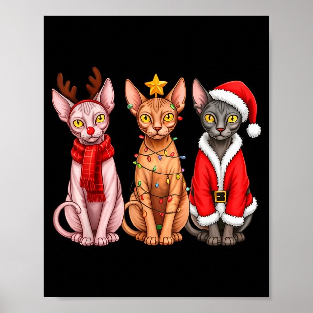 Retro Christmas Sphynx Cat Santa Reindeer  Poster (Front)