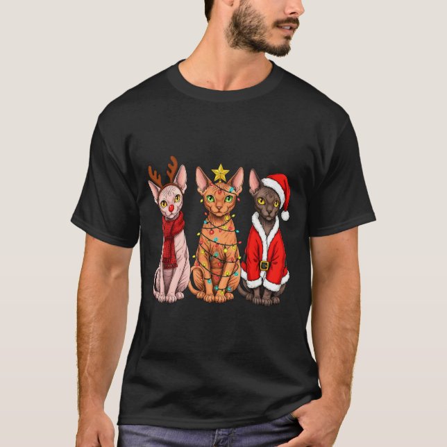 Retro Christmas Sphynx Cat Santa Reindeer  T-Shirt (Front)
