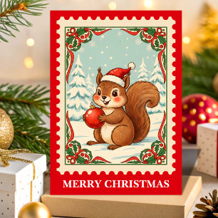 Retro Christmas Squirrel Postage Stamp Holiday Card