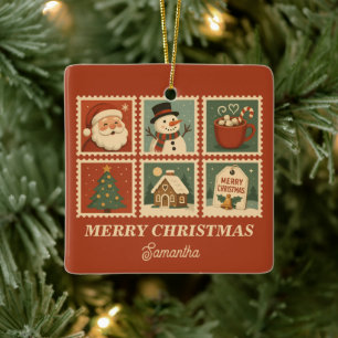 Retro Christmas Stamp Collage Ceramic Ornament