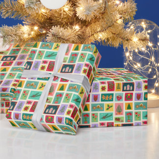 Retro Christmas Stamp Collage Holiday Pattern Wrapping Paper
