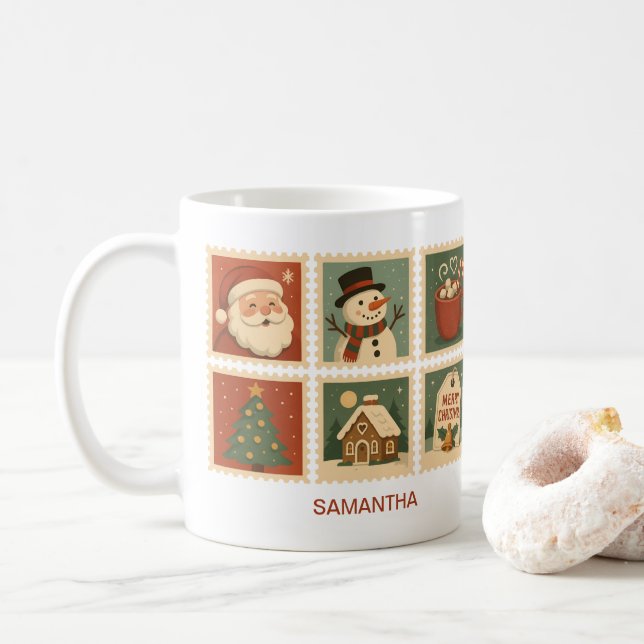 Retro Christmas Stamp Collage Personalised Coffee Mug (With Donut)