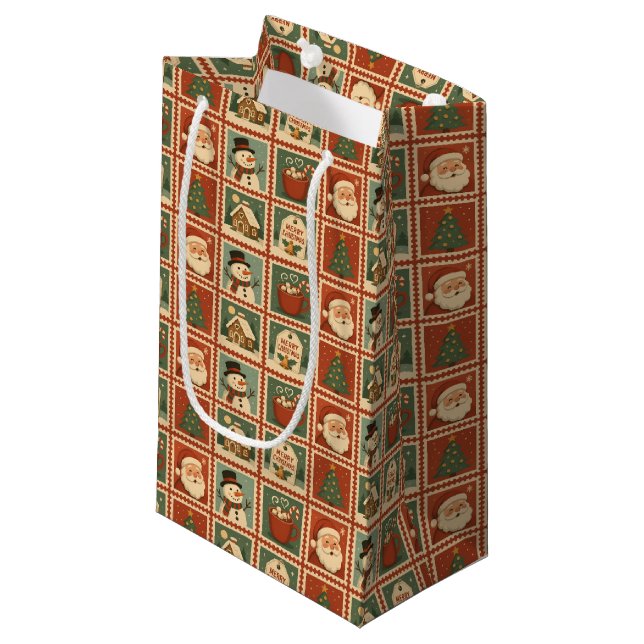 Retro Christmas Stamp Collage Small Gift Bag (Front Angled)