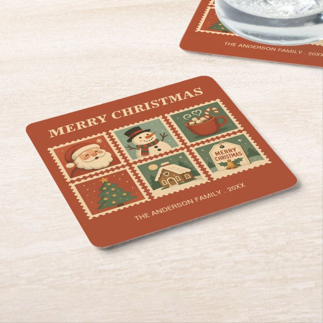 Retro Christmas Stamp Collage Square Paper Coaster (Angled)