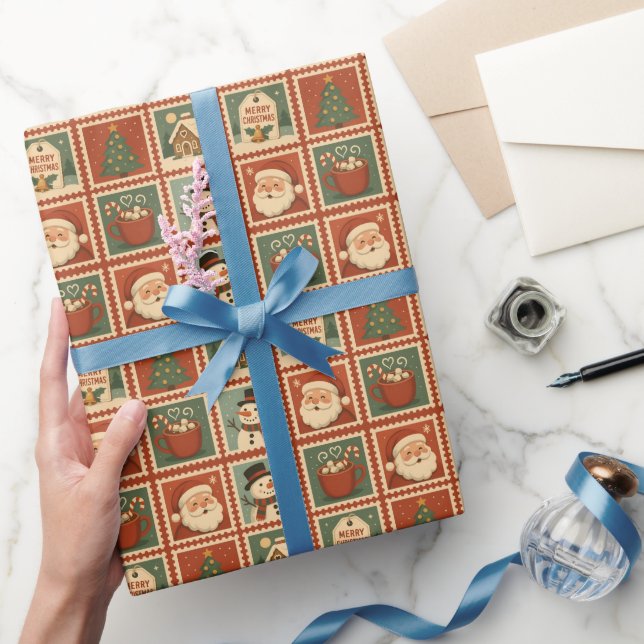 Retro Christmas Stamp Collage Wrapping Paper (Gifting)
