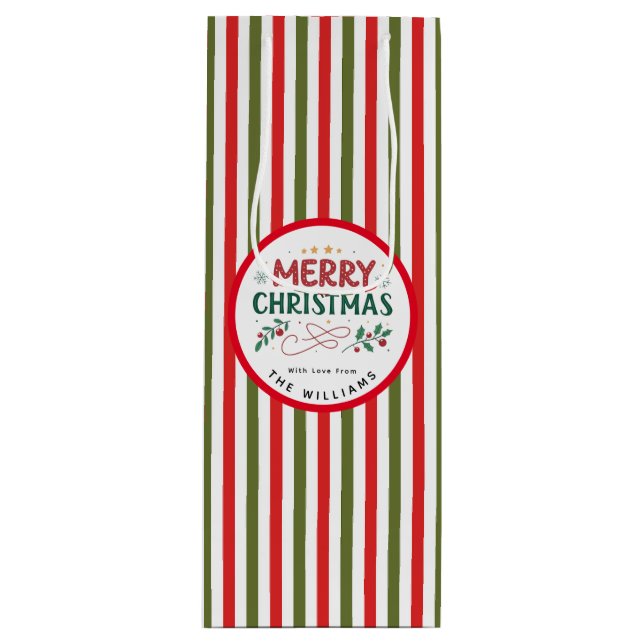 Retro Christmas Stripe Pattern Custom Christmas Wine Gift Bag (Front)