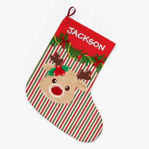 Retro Christmas Stripe Pattern & Reindeer Custom Large Christmas Stocking