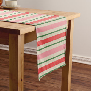 Retro Christmas Stripes Pattern Pink Red Green Short Table Runner