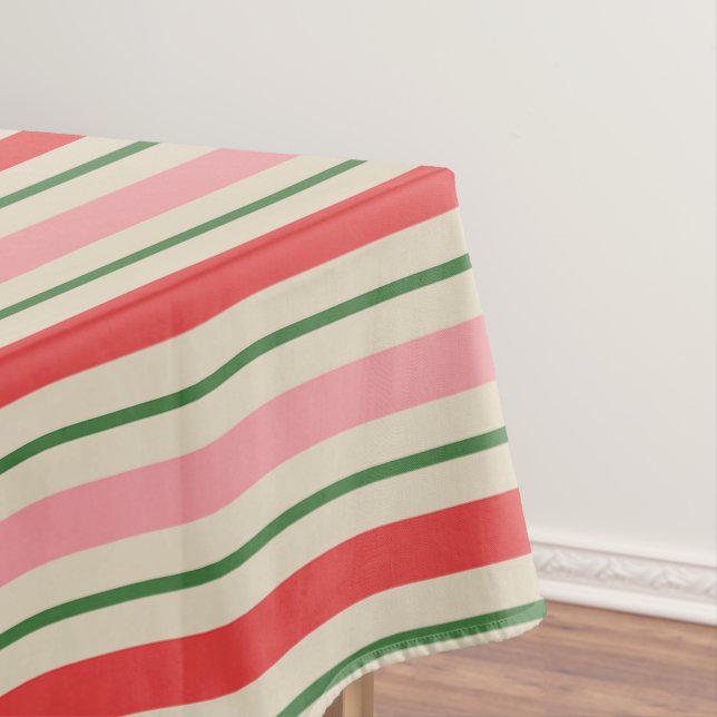 Retro Christmas Stripes Pattern Pink Red Green Tablecloth (In Situ)