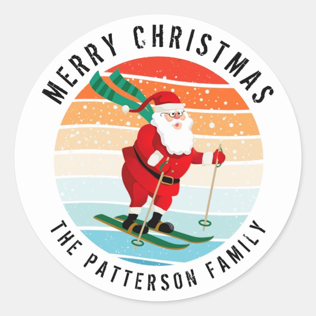 Retro Christmas Sunset Skiing Santa Personalised Classic Round Sticker (Front)