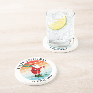 Retro Christmas Sunset Skiing Santa Personalised Coaster