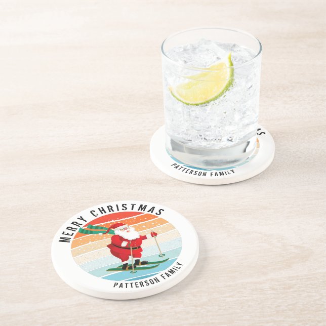 Retro Christmas Sunset Skiing Santa Personalised Coaster (Side)