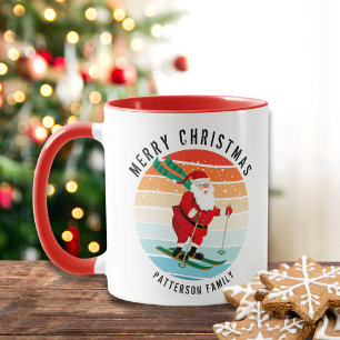 Retro Christmas Sunset Skiing Santa Personalised Mug