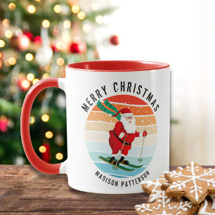 Retro Christmas Sunset Skiing Santa Personalised Mug