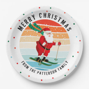 Retro Christmas Sunset Skiing Santa Personalised Paper Plate